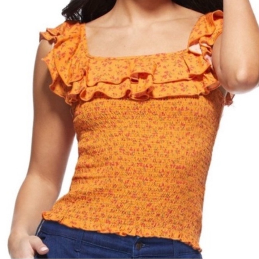 🟫NWT SOFIA VERGARA Smocked Top in Marigold/Floral Print